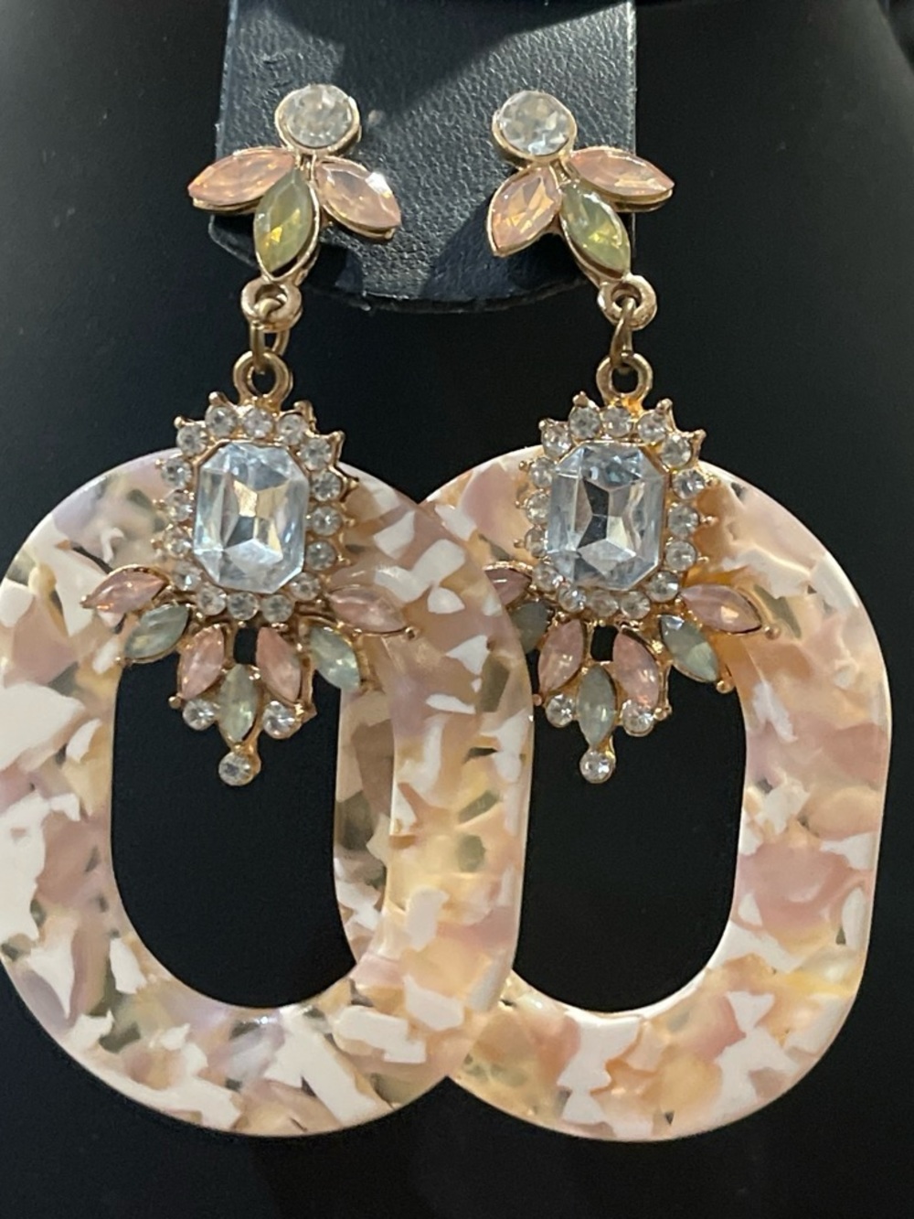 Women's Pink Marbled Drop Earrings with Crystal Accents